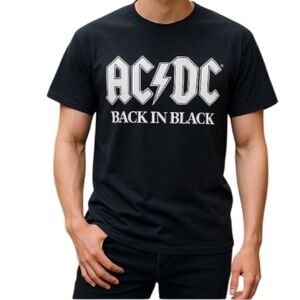 AC/DC Mens Black Back In Black Graphic Band Crewneck T-Shirt Short Sl Baddie S